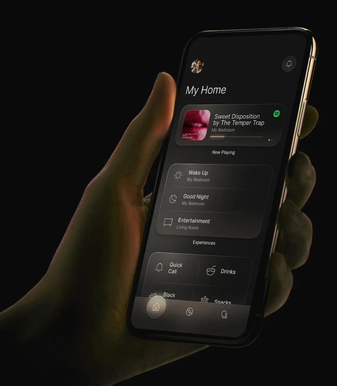 Casadigi smart home app by DigiValet, in dark mode, with now playing, room scenes, quick service requests, party planning, and temperature, shade and drape controls; integrates fully with Lutron, Crestron and other smart home IoT systems.