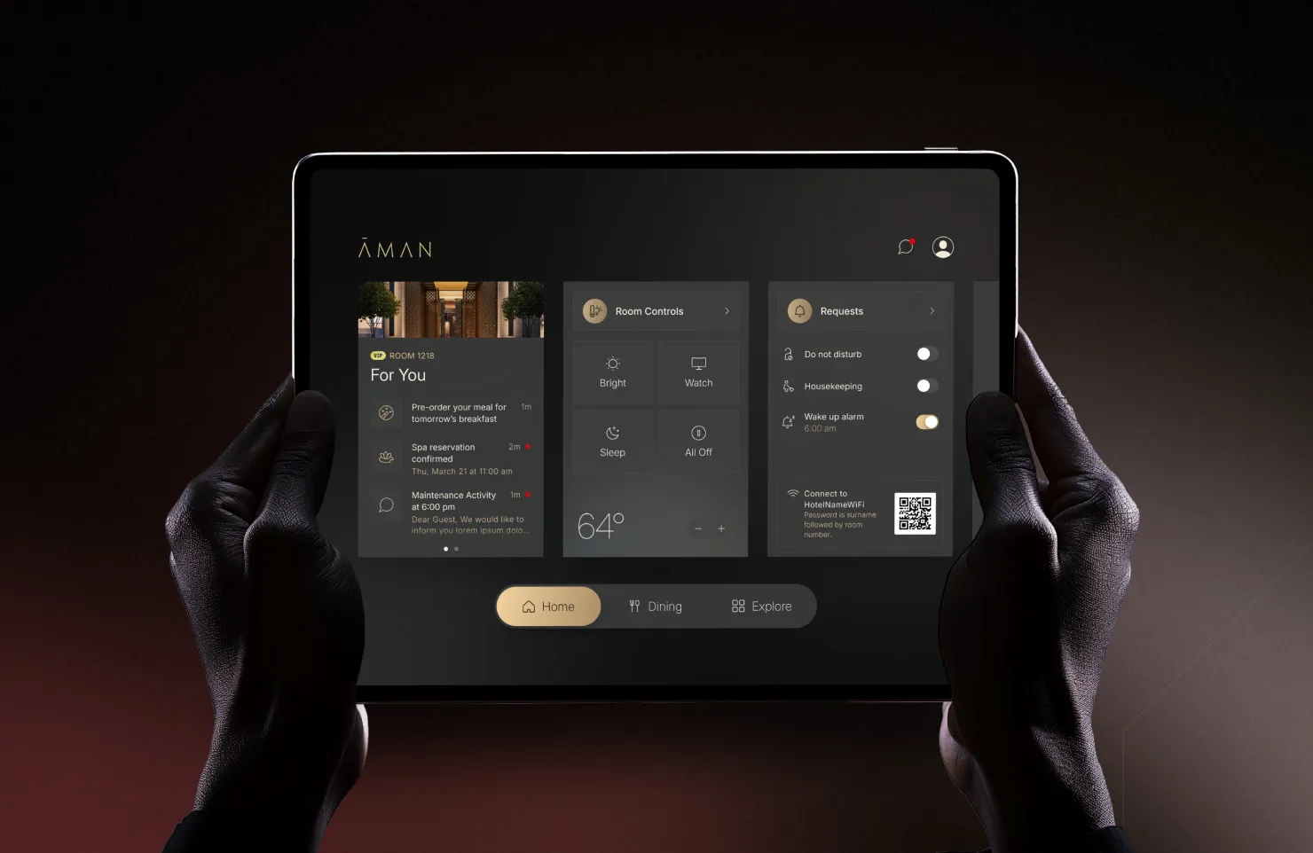 DigiValet in-room tablet app for Aman Hotels and Residences, designed for both the hotel guest experience and the resident experience, with room controls and service requests.