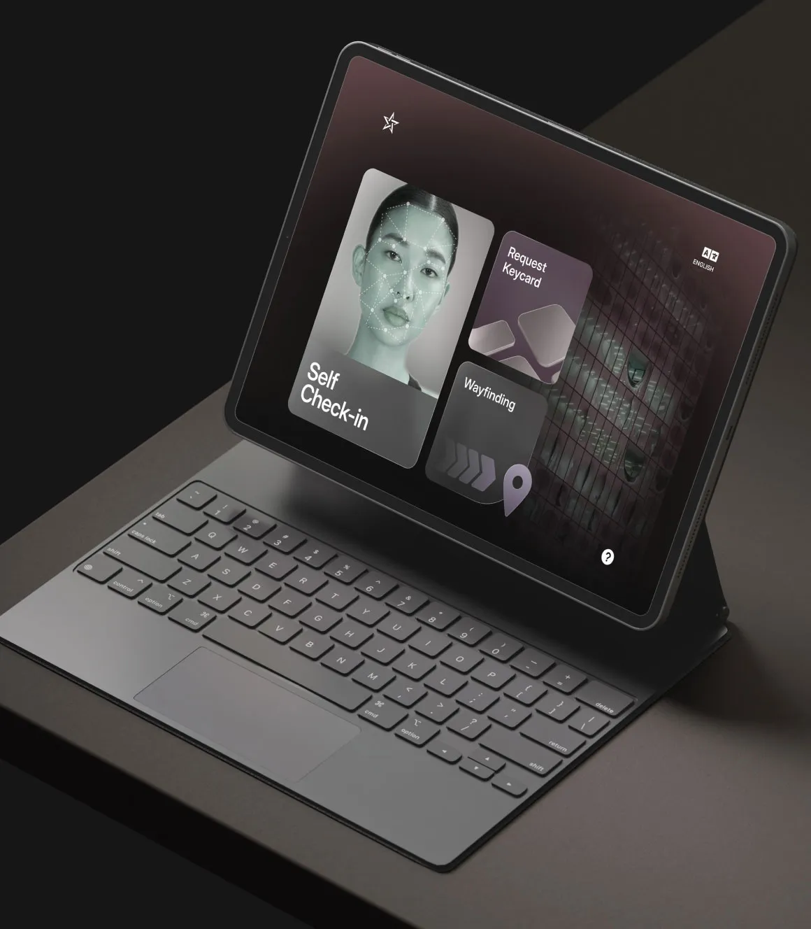 Hotel self check-in app on a tablet, with face recognition, keycard requests and wayfinding.