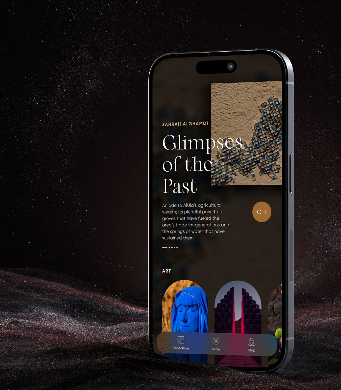 Museum and art guide app, a Glimpses of the Past story with collections, scan and map tabs, offering audio narration, navigation between museum pieces and learning in the Middle East.